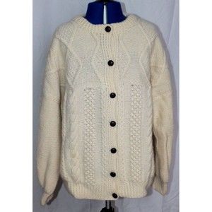 Crana Handknits Made In Ireland 100% Pure New Wool Cream Cable Knit Cardigan M